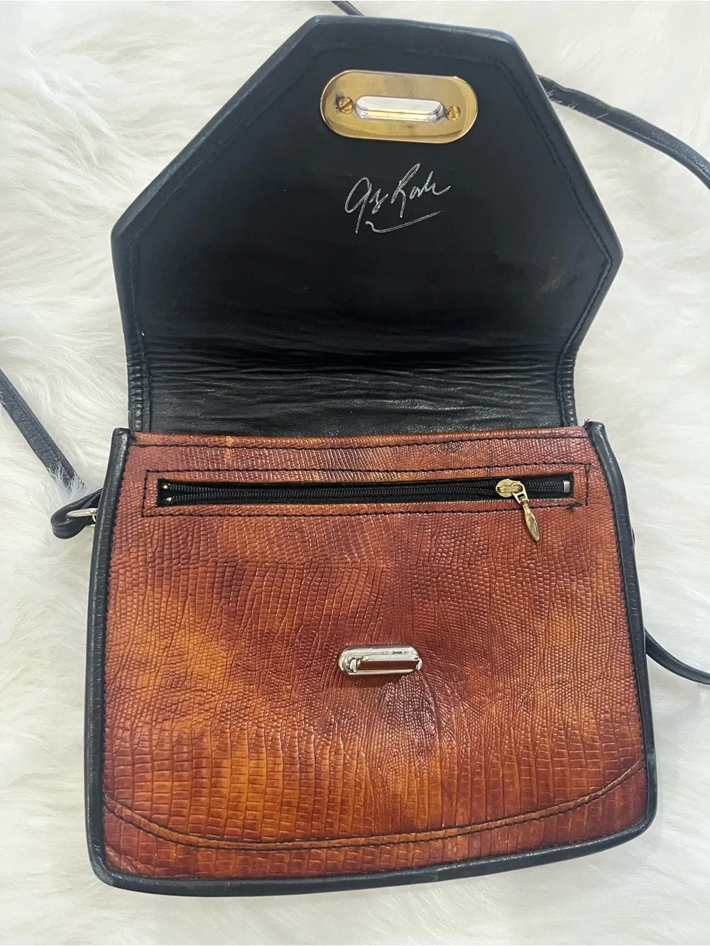Textured Brown Croc-Embossed Crossbody Bag with Black Trim